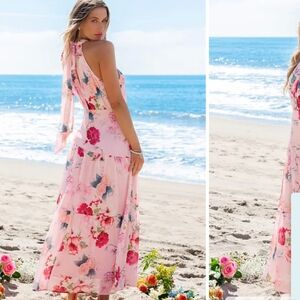 NWT Cupshe Garden Stroll Floral Pink Maxi Dress Halter Flowy Bow Back Tie M